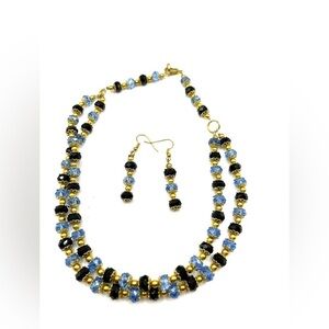 Necklace and Earrings Set Blue and Black Sparkling Beads Gold Tone Layered